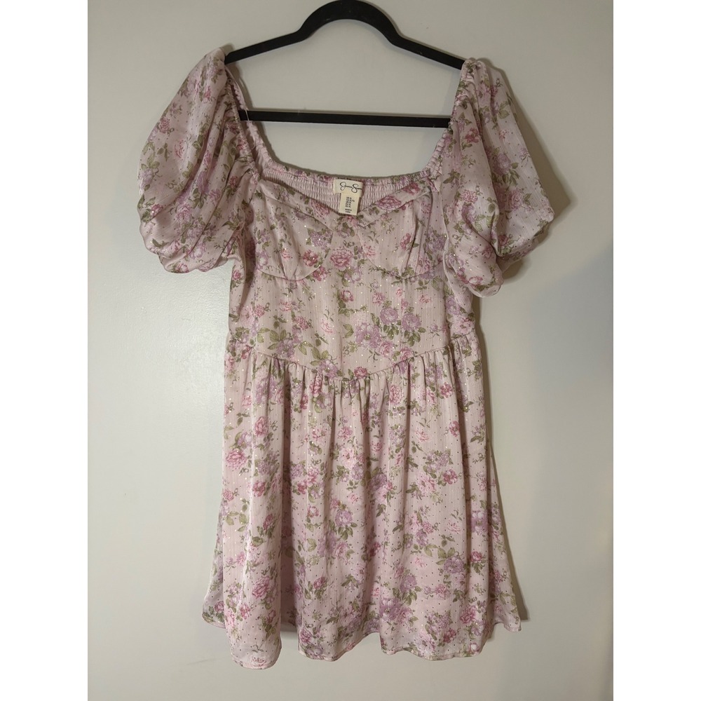 Jessica Simpson Lavender Purple Floral Puff Sleeve Mini Dress Gold Foil Dots XL